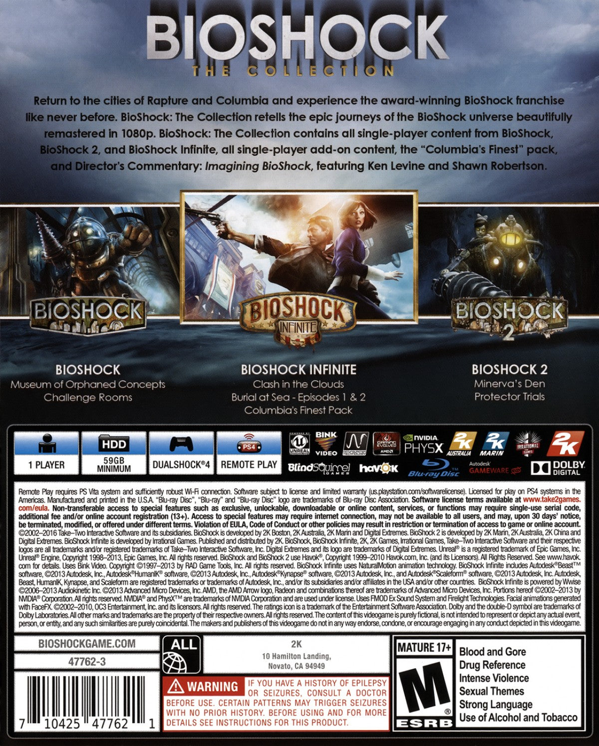 BioShock The Collection PS4 game featuring remastered first-person shooter gameplay, immersive storytelling, and the complete BioShock trilogy adventure back cover art