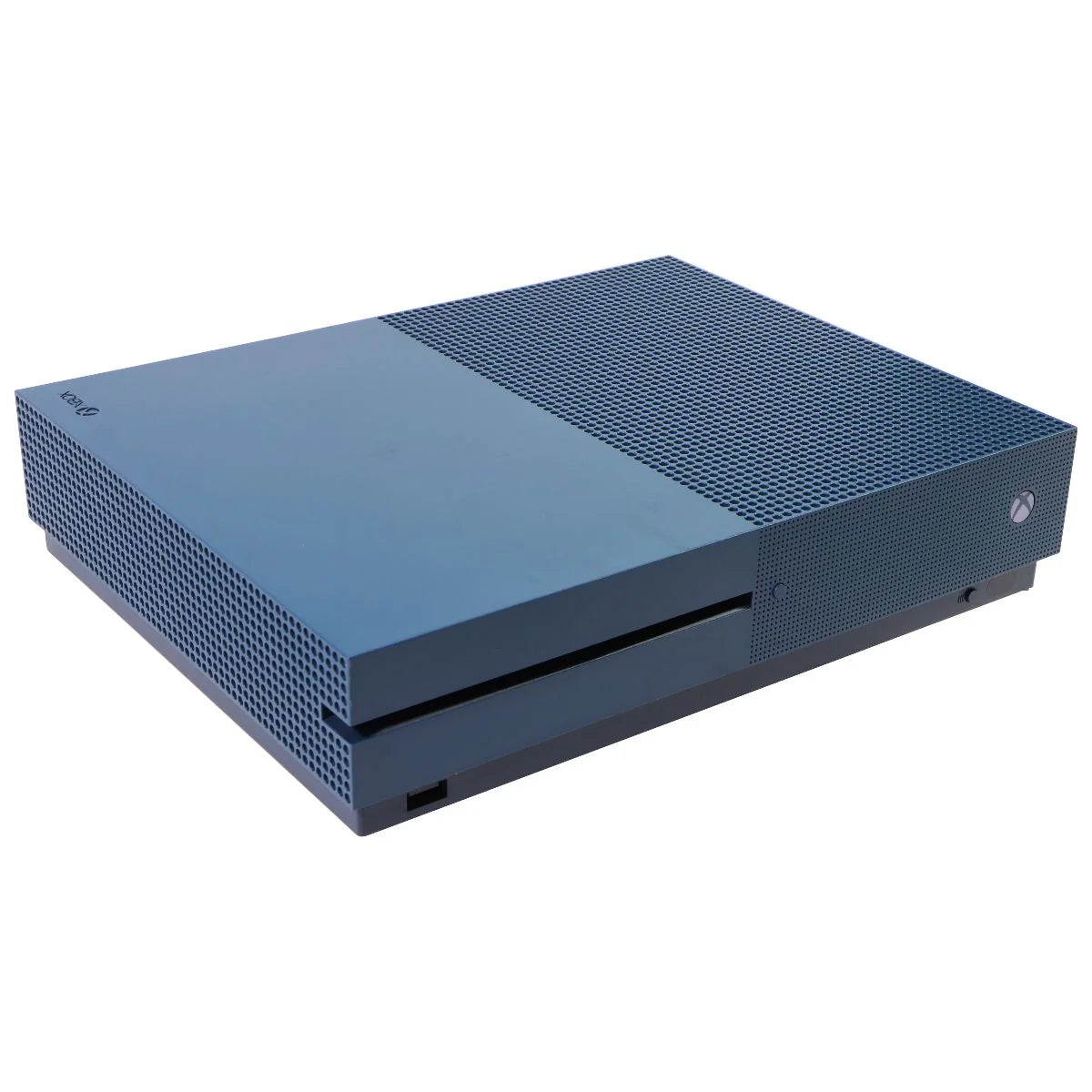 Xbox One S Console XONE Deep Blue Special Edition 500GB Good Condition Microsoft gaming system featuring deep blue special edition design 500GB internal storage Xbox One game compatibility 4K video playback HDR gaming wireless controller support online multiplayer entertainment streaming compact console hardware used gaming system home entertainment setup collectible Xbox console and gaming accessory appeal angle