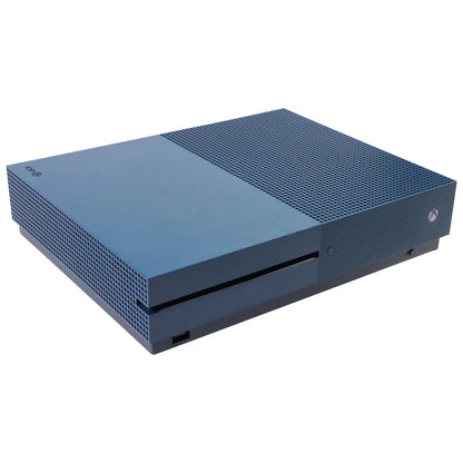 Xbox One S Console XONE Deep Blue Special Edition 500GB Good Condition Microsoft gaming system featuring deep blue special edition design 500GB internal storage Xbox One game compatibility 4K video playback HDR gaming wireless controller support online multiplayer entertainment streaming compact console hardware used gaming system home entertainment setup collectible Xbox console and gaming accessory appeal angle