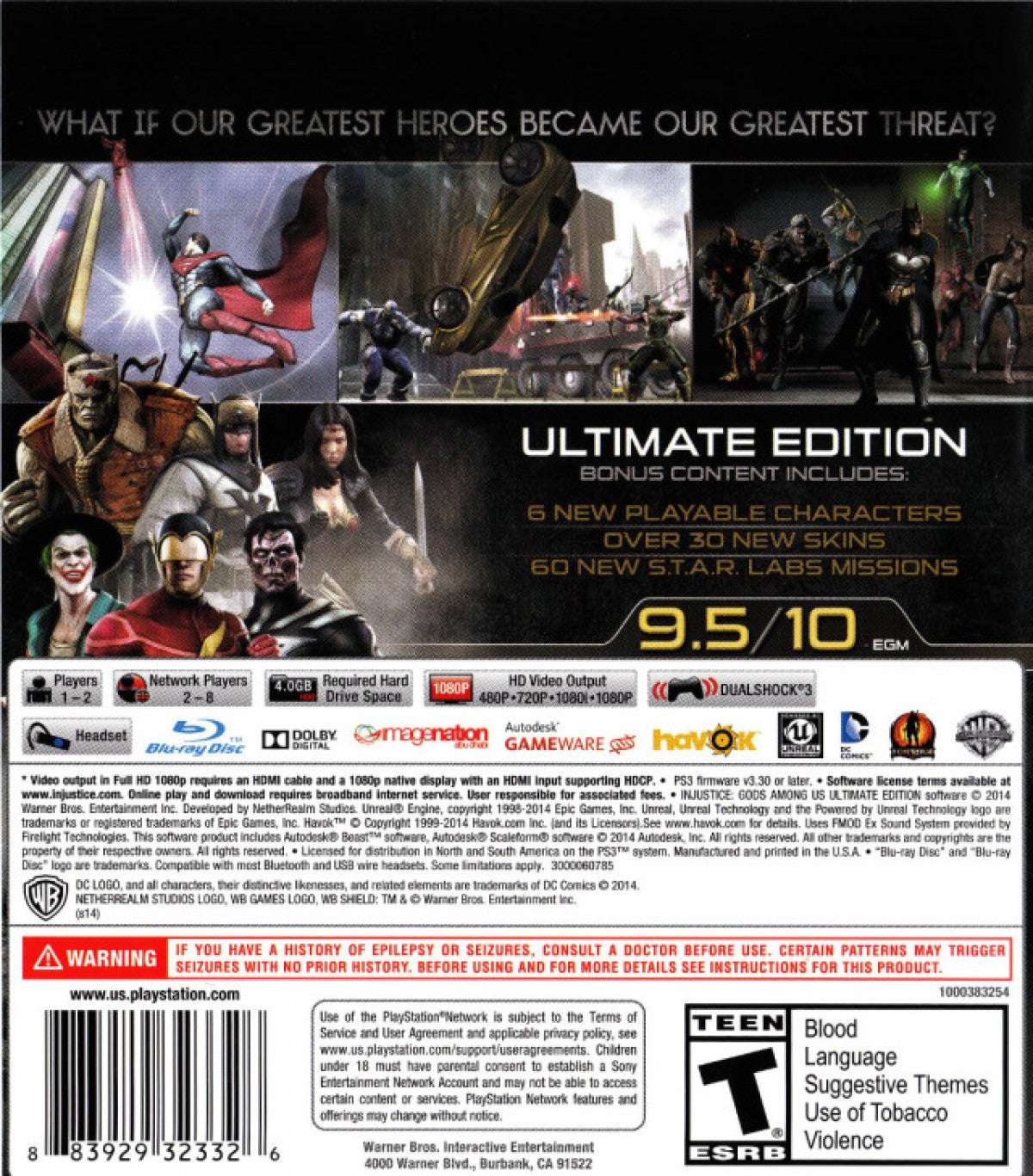Injustice Gods Among Us Ultimate Edition back cover art for PlayStation 3 PS3 video game