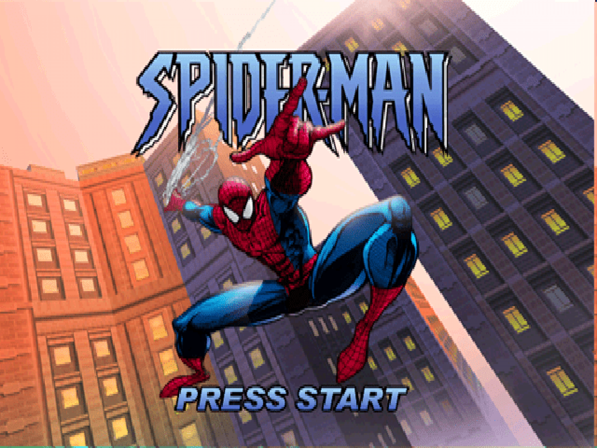 Spider-Man start screen for PlayStation 1 (PS1) action-adventure video game 