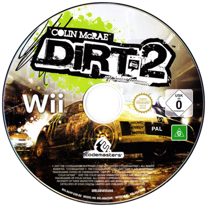 DiRT 2 for Wii off road racing video game featuring rally style tracks dynamic terrain arcade inspired handling competitive events and immersive Codemasters motorsports experience disc