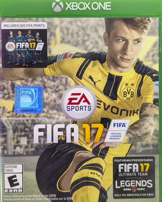 FIFA 17 Xbox One game featuring realistic soccer gameplay, immersive Frostbite engine visuals, and authentic teams and stadiums front cover