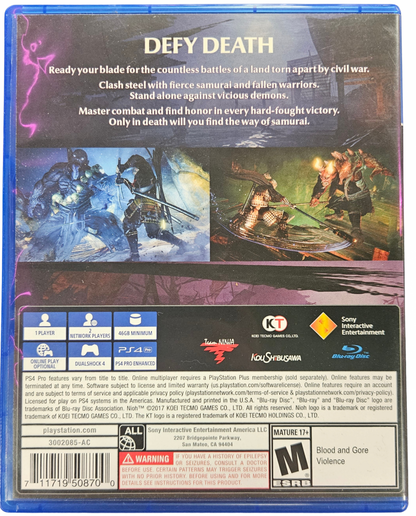 Nioh PlayStation 4 PS4 for action role playing video game fans featuring fast paced samurai combat challenging soulslike gameplay mythical Japanese folklore intense boss battles deep weapon customization character progression immersive adventure collectible gaming appeal back box art