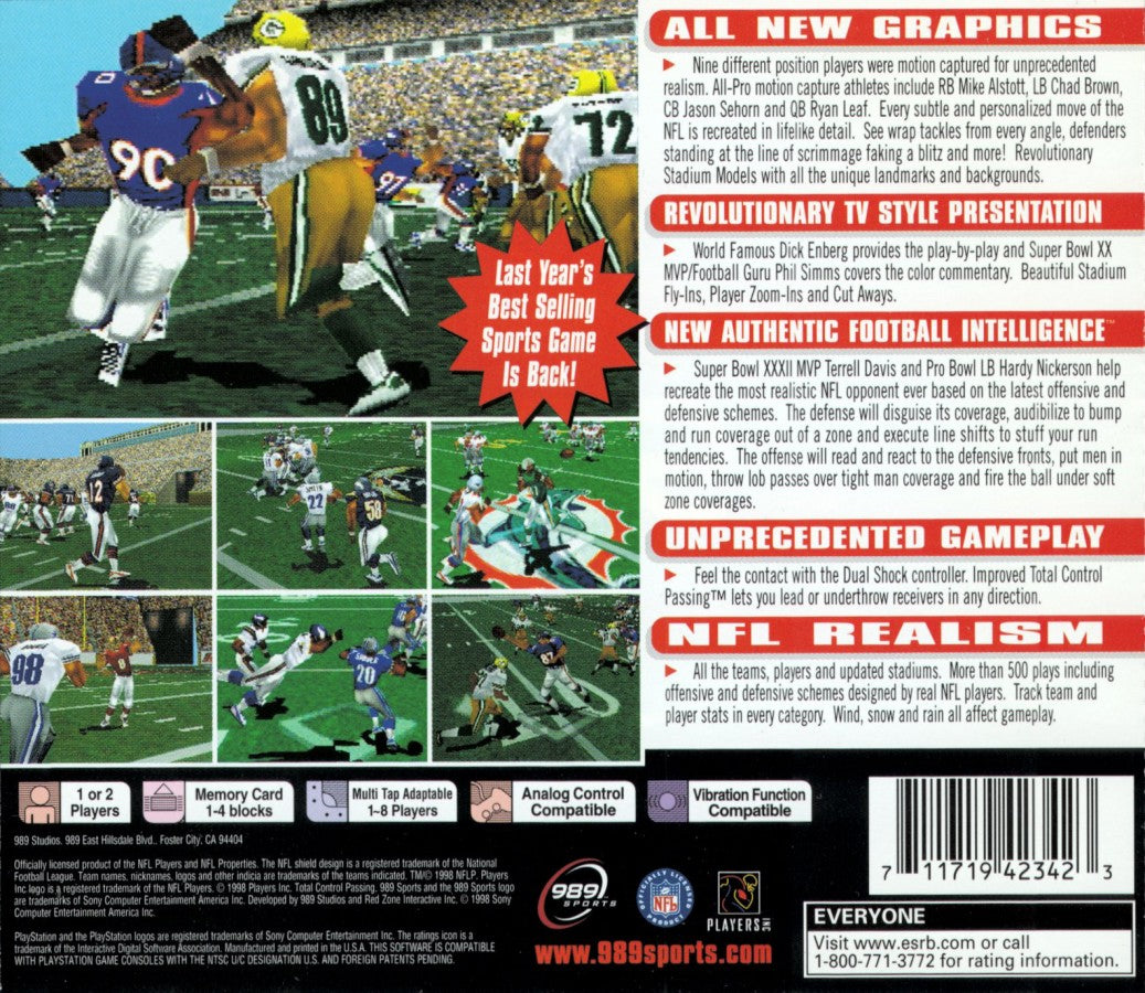 NFL GameDay 99 game for the PlayStation featuring American football gameplay with realistic team rosters season modes play calling mechanics and broadcast style presentation representing the 1998 NFL season back cover art