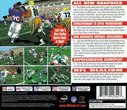 NFL GameDay 99 game for the PlayStation featuring American football gameplay with realistic team rosters season modes play calling mechanics and broadcast style presentation representing the 1998 NFL season back cover art