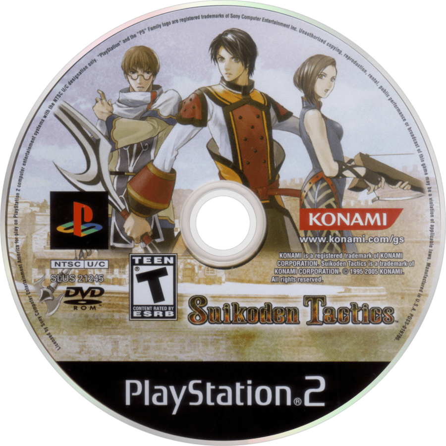 Suikoden Tactics PS2 Sony PlayStation 2 tactical RPG strategy game turn based combat grid based battles Suikoden series Konami story driven gameplay character recruitment fantasy strategy PlayStation 2 software video game title disc
