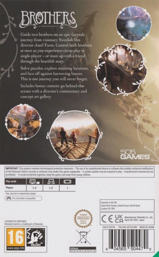Brothers A Tale of Two Sons PAL Import Nintendo Switch inspired design featuring emotional fantasy adventure aesthetic unique dual character gameplay heartfelt storytelling beautiful world exploration environmental puzzles touching narrative journey and atmospheric presentation back cover 