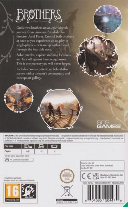 Brothers A Tale of Two Sons PAL Import Nintendo Switch inspired design featuring emotional fantasy adventure aesthetic unique dual character gameplay heartfelt storytelling beautiful world exploration environmental puzzles touching narrative journey and atmospheric presentation back cover 