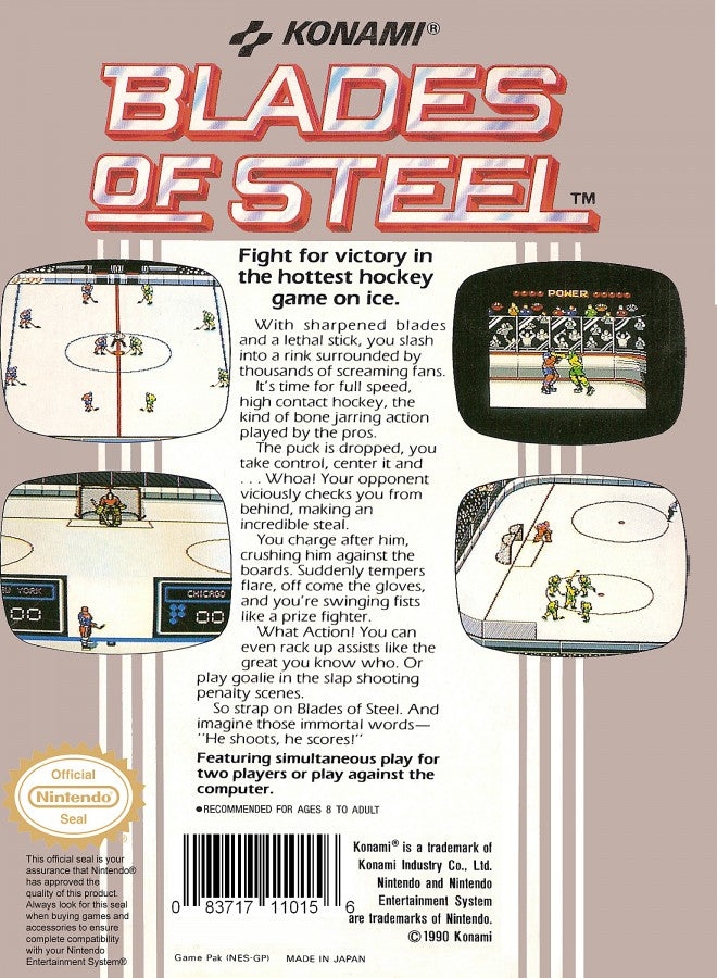 Blades of Steel retro NES video game Blades of Steel hockey sports simulation arcade style gameplay multiplayer competitive action classic console title Nintendo Entertainment System release back of case