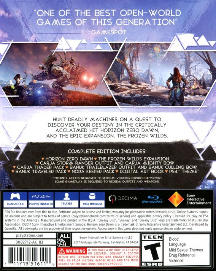 Horizon: Zero Dawn [Complete Edition] – PlayStation 4 (PS4) video game back of case, open-world action RPG exclusive to PS4 featuring Aloy’s adventure in a post-apocalyptic world