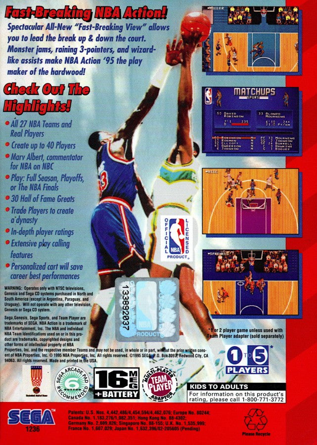 NBA Action 95 starring David Robinson back cover art for Sega Genesis (GEN) video game