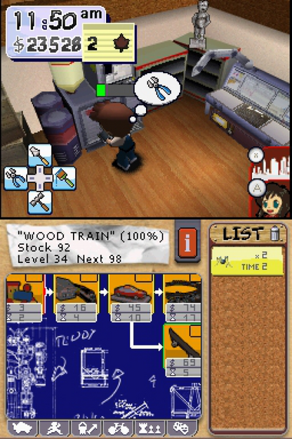 Toy Shop Nintendo DS game featuring shop simulation gameplay with toy crafting inventory management and business building mechanics in a casual family friendly setting gameplay 