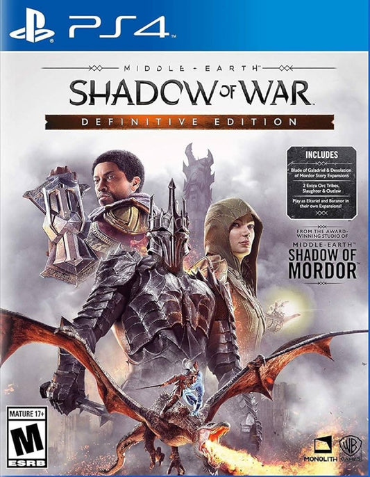 Middle Earth: Shadow of War [Definitive Edition] for PlayStation 4 (PS4) featuring the complete epic open-world saga where you go behind enemy lines to forge an army and conquer Mordor from within; this edition includes all DLC, expanding the revolutionary Nemesis System with new Orc tribes, story campaigns, and regions for the ultimate Middle-earth experience front cover