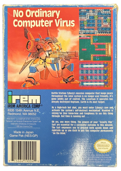 Metal Storm Nintendo Entertainment System NES for retro video game enthusiasts featuring side scrolling action platforming gameplay gravity switching mechanics futuristic robot combat challenging sci fi levels precision platforming and collectible gaming appeal back cover art