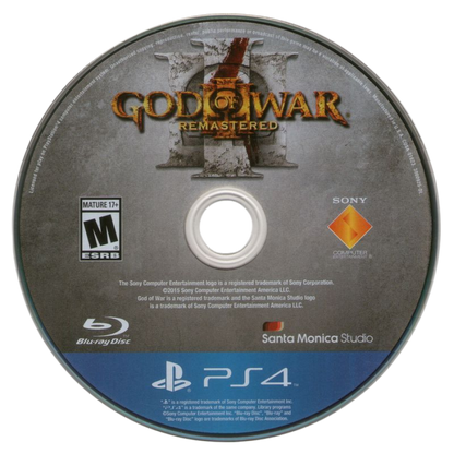God of War III: Remastered – PlayStation 4 (PS4) video game disc, mythological action-adventure by Santa Monica Studio and Sony Interactive Entertainment