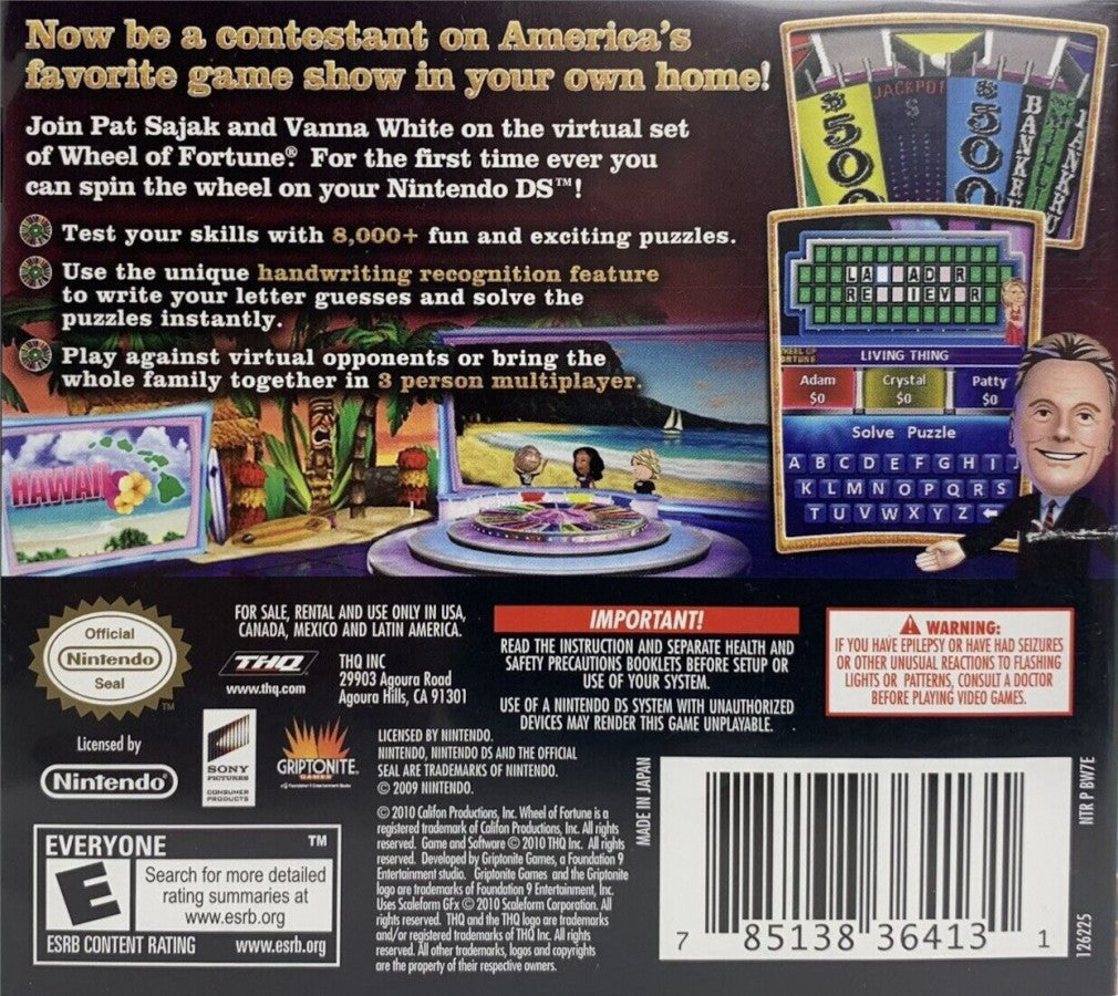 Wheel of Fortune for Nintendo DS with classic TV game show puzzle-solving theme back cover