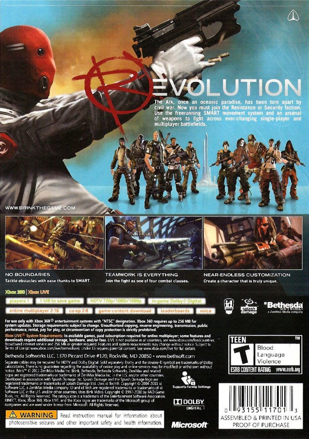 Brink back cover art for Xbox 360 (X360) first-person shooter parkour video game