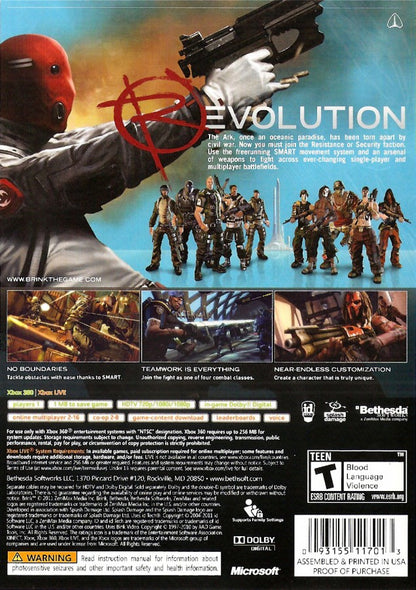 Brink back cover art for Xbox 360 (X360) first-person shooter parkour video game