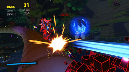 Sonic Forces Xbox One XONE video game featuring fast paced action platforming gameplay Sonic the Hedgehog character adventure Dr Eggman villain battles Infinite enemy encounters high speed running classic Sonic stages modern Sonic gameplay custom hero creation Wispon weapons colorful environments and challenging platform levels retro video game collection collectible gaming appeal gameplay