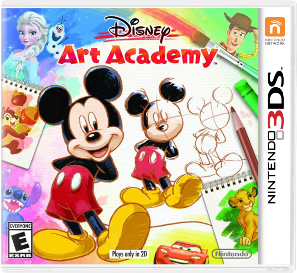 Disney Art Academy for Nintendo 3DS drawing tutorial game featuring Disney and Pixar characters art lessons creative sketching tools and step by step painting gameplay cover