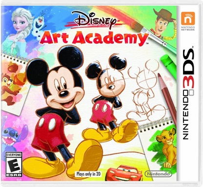 Disney Art Academy for Nintendo 3DS drawing tutorial game featuring Disney and Pixar characters art lessons creative sketching tools and step by step painting gameplay cover