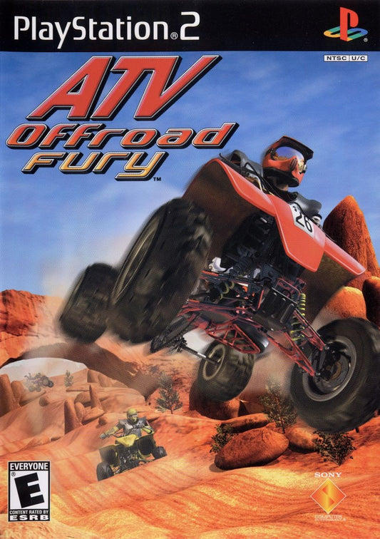 ATV Offroad Fury off road racing video game featuring high speed ATV competitions open outdoor tracks stunt based gameplay and classic PlayStation extreme sports racing experience cover art