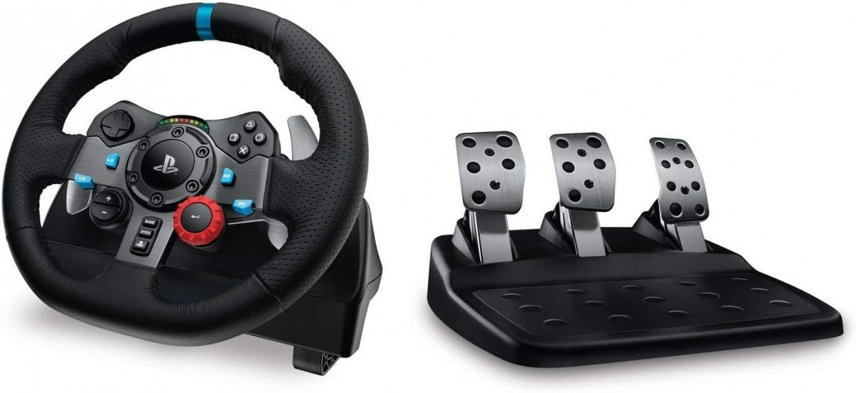 Logitech G29 Driving Force racing wheel and floor pedals for PlayStation 4 featuring realistic force feedback and immersive driving control