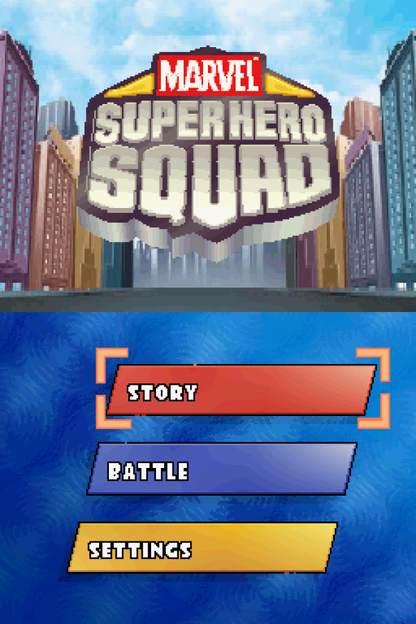 Marvel Super Hero Squad start screen for Nintendo DS (DS) superhero action adventure video game