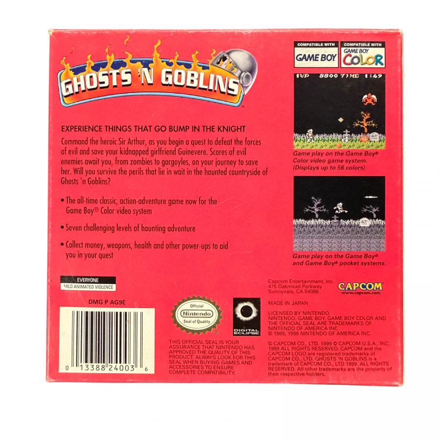 Ghosts n Goblins Game Boy Color GBC video game featuring action platforming gameplay Arthur knight adventure monster battles haunted environments weapon attacks challenging levels boss fights and classic handheld arcade action retro video game collection collectible gaming appeal back cover art