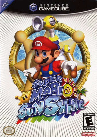 Super Mario Sunshine cover art for Nintendo GameCube (GC) 3D platforming adventure video game