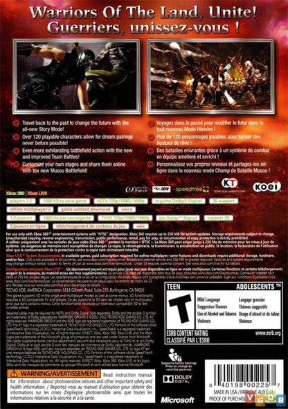 Warriors Orochi 3 Xbox 360 X360 for retro video game enthusiasts featuring hack and slash action gameplay massive enemy battles legendary warriors character switching special attacks battlefield exploration and collectible gaming appeal back cover art