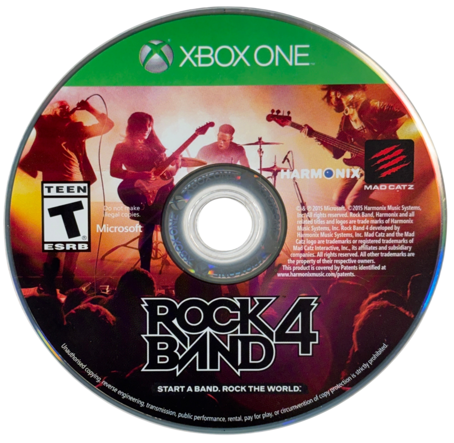 Rock Band 4 Not for Resale Xbox One disc for a music rhythm party game, featuring a live rock band performing on stage with guitar, bass, drums, singer, bright concert lights, and a cheering crowd.