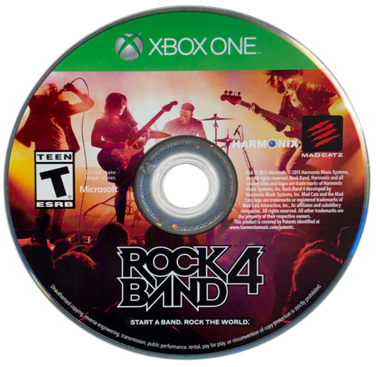 Rock Band 4 Not for Resale Xbox One disc for a music rhythm party game, featuring a live rock band performing on stage with guitar, bass, drums, singer, bright concert lights, and a cheering crowd.