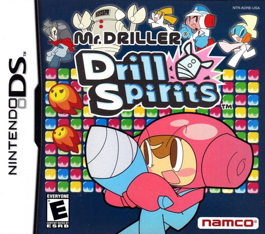Mr Driller Drill Spirits for Nintendo DS, cover image for a puzzle arcade video game with digging gameplay, falling block mechanics, fast-paced challenges, and classic score-based action