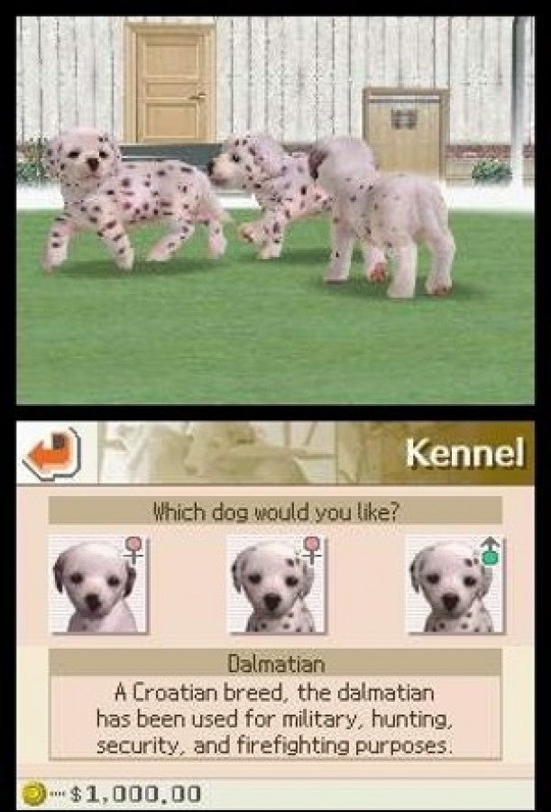 Nintendogs Dalmatian and Friends Limited Edition Nintendo DS pet simulation video game featuring Dalmatian Boxer German Shepherd Golden Retriever puppies touch screen training microphone voice commands Bark Mode virtual pet gameplay screenshot