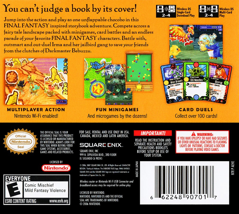 Final Fantasy Fables Chocobo Tales game for the Nintendo DS featuring storybook style adventure gameplay with mini games card battles and charming characters set in a whimsical fantasy back cover art