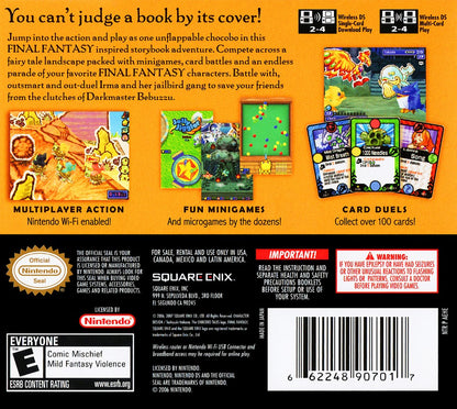 Final Fantasy Fables Chocobo Tales game for the Nintendo DS featuring storybook style adventure gameplay with mini games card battles and charming characters set in a whimsical fantasy back cover art