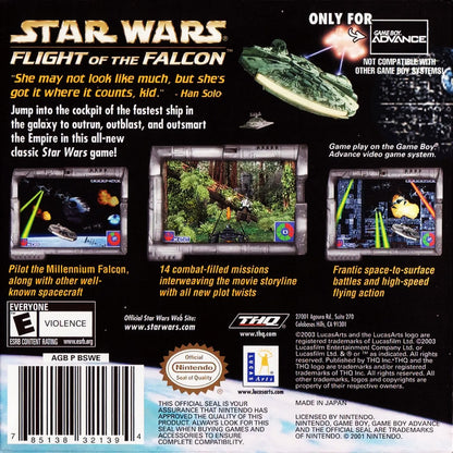 Star Wars: Flight of the Falcon for Game Boy Advance with fast-paced Millennium Falcon space combat action back cover