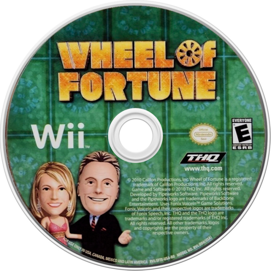 Wheel of Fortune disc art for Nintendo Wii (Wii) featuring the classic TV game show experience with puzzle‑solving, spinning the wheel, and multiplayer competition.