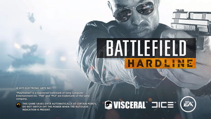 Battlefield Hardline title page for PlayStation 4 (PS4) first-person cops vs criminals action shooter video game