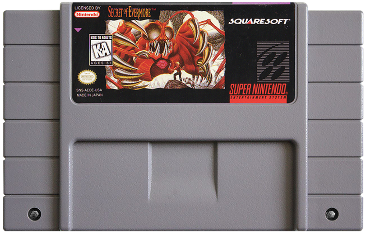Secret of Evermore Super Nintendo SNES action RPG real time combat fantasy adventure alchemy system puzzle solving exploration Square Soft single player story driven retro 16 bit gaming Super Nintendo Entertainment System software video game title cartridge 
