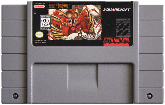 Secret of Evermore Super Nintendo SNES action RPG real time combat fantasy adventure alchemy system puzzle solving exploration Square Soft single player story driven retro 16 bit gaming Super Nintendo Entertainment System software video game title cartridge 
