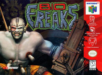 Biofreaks Nintendo 64 N64 video game featuring 3D fighting gameplay futuristic mutant characters weapon based combat special attacks arena battles character matchups and classic 64 bit Nintendo gameplay retro video game collection collectible gaming appeal front cover art