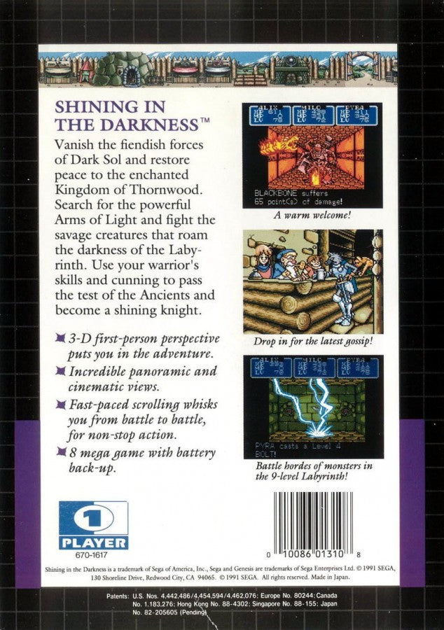Shining in the Darkness Sega Genesis retro video game dungeon crawler RPG back of case (1991)