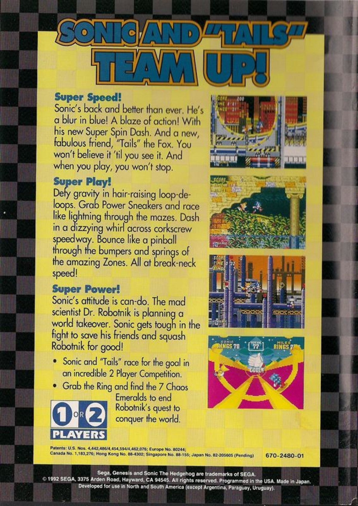 Sonic the Hedgehog 2 Not For Resale retro Sega Genesis video game featuring fast paced platform gameplay, multiplayer Sonic action, side scrolling adventure and classic Genesis entertainment - back of case