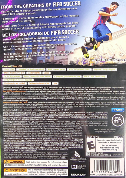 FIFA Street Xbox 360 for sports video game fans featuring arcade style street soccer gameplay fast paced matches trick moves freestyle skills authentic international players multiplayer competition vibrant urban environments and exciting football action collectible gaming appeal back cover art