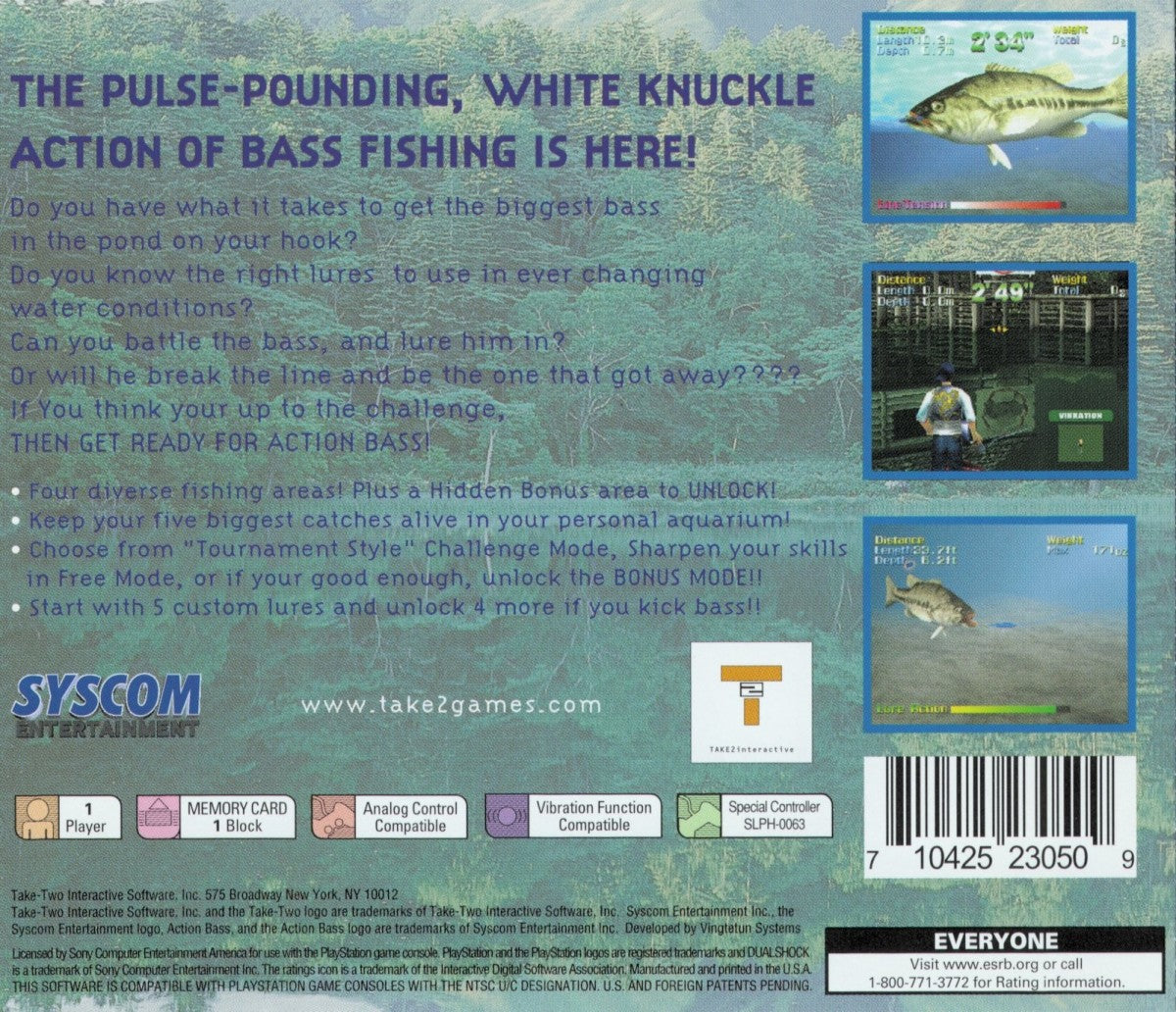 Action Bass PlayStation 1 PS1 video game, fishing simulation, tournament-style bass fishing gameplay, classic console title back cover