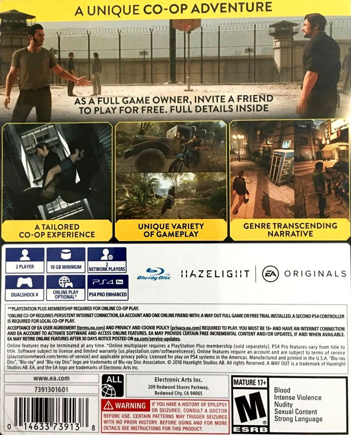 A Way Out for PS4 featuring cooperative story-driven action and split-screen prison escape back cover art