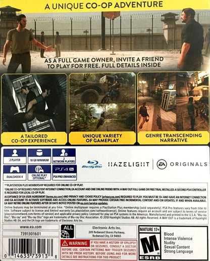A Way Out for PS4 featuring cooperative story-driven action and split-screen prison escape back cover art